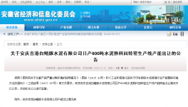 安慶吉港白鰭豚水泥有限公司日產600噸水泥熟料回轉窯生產線產能出讓的公告